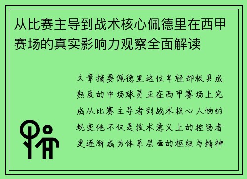 从比赛主导到战术核心佩德里在西甲赛场的真实影响力观察全面解读